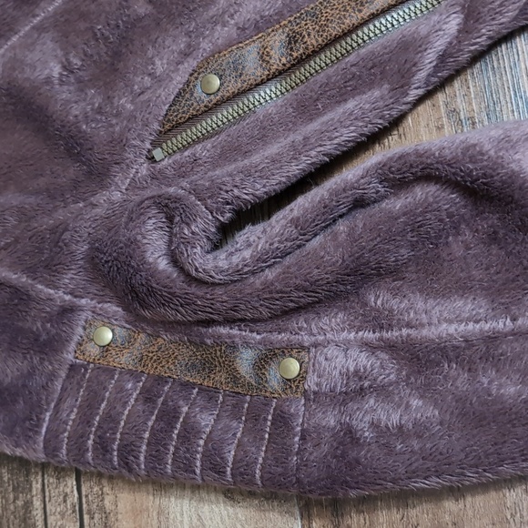 KUHL Moto Vation Full Zip Dark Brown Fuzzy Fleece Brown Leather Jacket Small - Picture 8 of 11